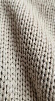 Closeup view of soft knitted fabric texture in a neutral color showcasing intricate weaving patterns and cozy material. photo