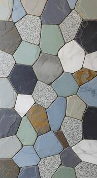 Abstract mosaic pattern with irregular colorful stone tiles creating a unique and textured surface. photo