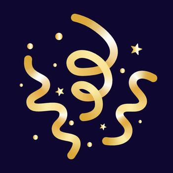 Festive abstract golden serpentine and confetti on a navy blue background. Fun firecracker explosion. Best for birthday, winter and New Year design projects vector