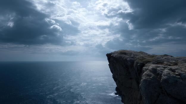 Dramatic Coastal Cliffs Under Moody Sky and Calm Ocean Waters photo