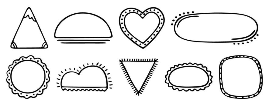 Black line frames hand drawn doodle set. Monochrome outline and dotted empty shapes, place holder, text box, sale form. Triangle, sun, heart, oval, circle, clouds, square vector