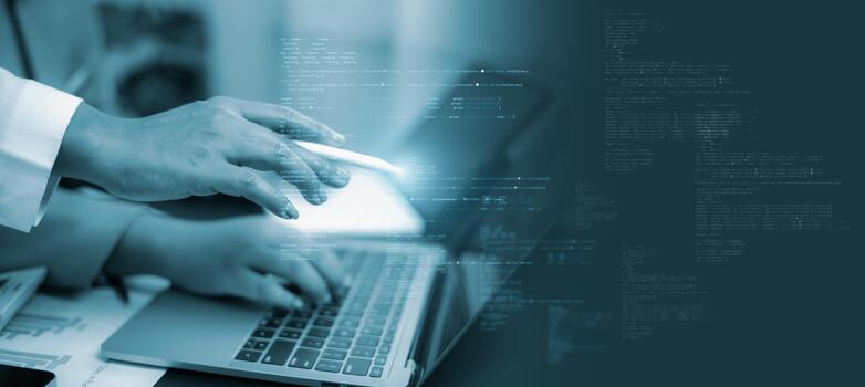 software desarrollador trabajando con digital código y la seguridad cibernética interfaz foto