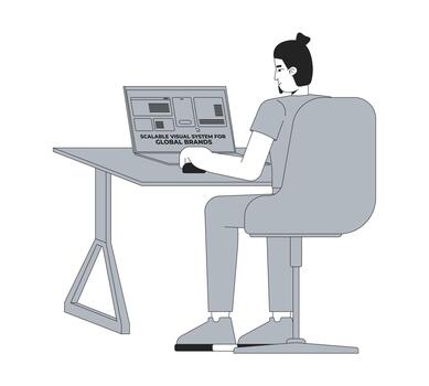 caucásico hombre utilizando escalable visual sistema para marca consistencia 2d línea personaje. marca diseñador mecanografía ordenador portátil a escritorio aislado tinta contorno persona. monocromo Mancha ilustración vector