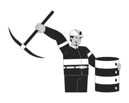 Data mining line illustration concept. Big dataset processing. Arab miner with pickaxe extracting insights from database server outline 2D character isolated. Ink linear metaphor art vector