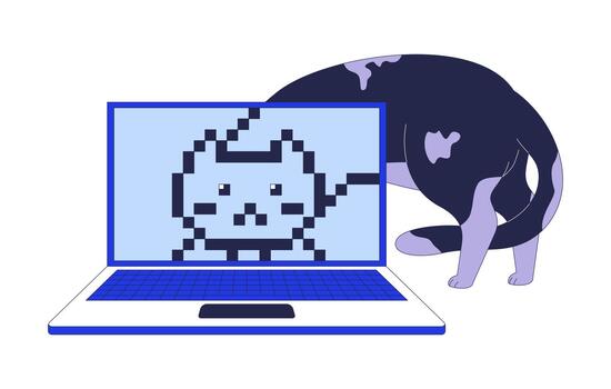 digitalización 2d ilustración concepto. digital transformación tecnología. gato detrás ordenador portátil con pixelado felino cara en monitor dibujos animados personaje aislado en blanco. plano resumen metáfora vector