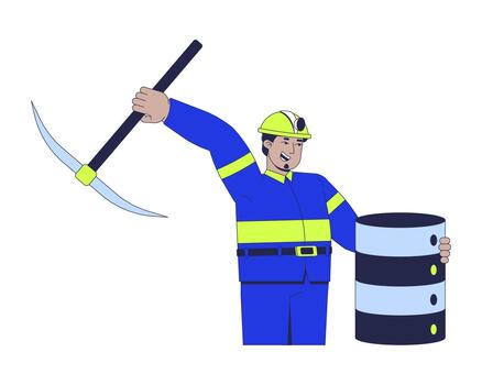 Data mining 2D illustration concept. Big dataset processing. Arab miner with pickaxe extracting insights from database server cartoon character isolated on white. Flat abstract metaphor vector