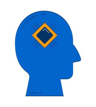 Abstract human head silhouette with microchip cpu 2D doodle object. Artificial intelligence mind technology cartoon element flat clipart isolated on white background. Hand drawn illustration vector