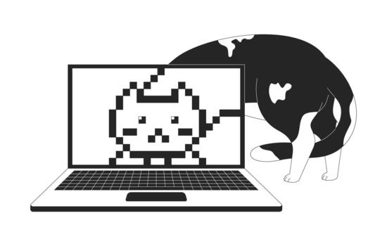 Digitalization line illustration concept. Digital transformation technology. Cat behind laptop with pixelated feline face on display outline 2D character isolated. Ink linear metaphor art vector