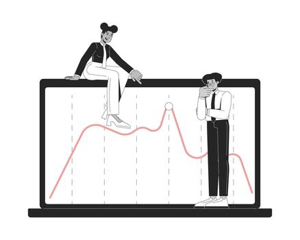 Peak of trend in data visualization line illustration concept. Performance metrics. Statisticians analyzing line graph on laptop outline 2D characters isolated. Ink linear metaphor art vector