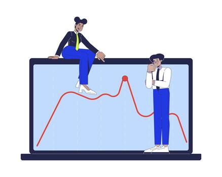 Peak of trend in data visualization 2D illustration concept. Performance metrics. Statisticians analyzing line graph on laptop cartoon characters isolated on white. Flat abstract metaphor vector