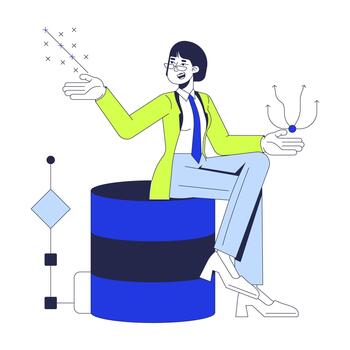Trends of big data set 2D illustration concept. Dataset analytics. Asian female statistician presenting scatter plot on database cartoon character isolated on white. Flat abstract metaphor vector