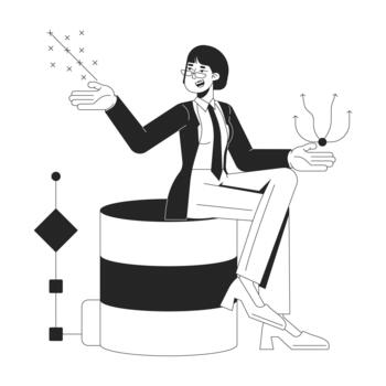 Trends of big data set line illustration concept. Dataset analytics. Asian female statistician presenting scatter plot on database outline 2D character isolated. Ink linear metaphor art vector