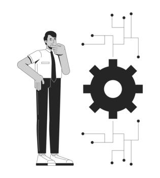 no comprensión algoritmo línea ilustración concepto. indio masculino estadístico perplejo acerca de complejidad de algorítmico sistema engranaje contorno 2d personaje aislado. tinta lineal metáfora Arte vector