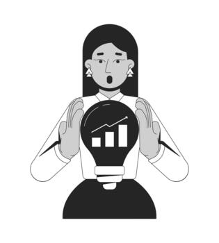 Data driven solution line illustration concept. Insight growth. Surprised statistician holding light bulb with rising analytics chart outline 2D character isolated. Ink linear metaphor art vector