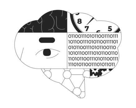 Data science line illustration concept. Artificial intelligence. Deep learning. Time-series analysis. Neural network. Segmented brain outline 2D composition isolated. Ink linear metaphor art vector