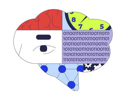 Data science 2D illustration concept. Artificial intelligence. Deep learning. Time-series analysis. Neural network. Segmented brain cartoon composition isolated on white. Flat abstract metaphor vector