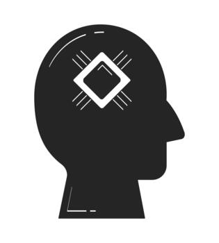Abstract human head silhouette with microchip cpu doodle linear object. Artificial intelligence mind technology 2D outline clip art drawing isolated on white. Hand drawn sketch illustration vector