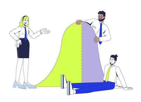 Bell curve analysis with statisticians team 2D illustration concept. Standard deviation. Normal distribution. Diverse analysts cartoon characters isolated on white. Flat abstract metaphor vector