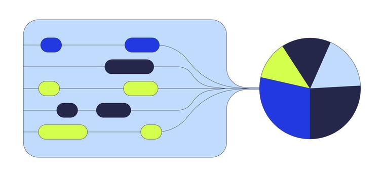 Data flow diagram to pie chart 2D cartoon object. Aggregation to visualization. Sorting for analytics. Workflow and piechart isolated element flat clip art on white. Spot illustration vector