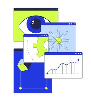 Data science in overlapping browser windows 2D illustration concept. Trend analysis. Interdisciplinary webpages. Tech analytics cartoon composition isolated on white. Flat abstract metaphor vector