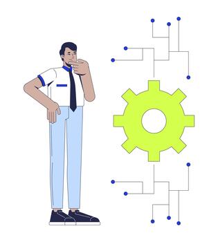 no comprensión algoritmo 2d ilustración concepto. indio masculino estadístico perplejo acerca de complejidad de algorítmico sistema engranaje dibujos animados personaje aislado en blanco. plano resumen metáfora vector