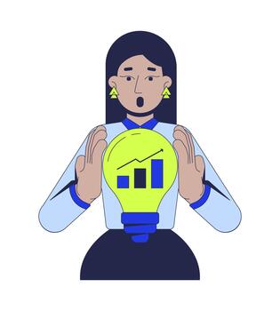 Data driven solution 2D illustration concept. Insight growth. Surprised statistician holding light bulb with rising analytics chart cartoon character isolated on white. Flat abstract metaphor vector