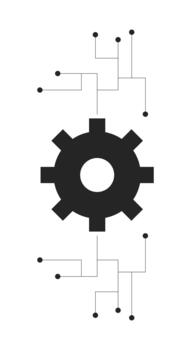 Gear and circuit lines 2D black filled object. Mechanical cogwheel circuitry. Digital automation. Technology integration. Cog wheel isolated clipart ink item. Monochrome spot illustration vector