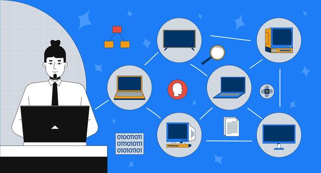 Data management graphic with devices and connections vector
