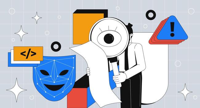 la seguridad cibernética y código inspección 2d mezclado medios de comunicación ilustración. ciber especialista analizando con lupa vulnerabilidad escanear dibujos animados conceptual collage Arte. plano concepto en color antecedentes vector