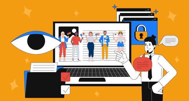 digital intimidad y usuario perfilado 2d mezclado medios de comunicación ilustración. diverso personas supervisión. en línea individuos identidad analizando dibujos animados conceptual collage Arte. plano concepto en color antecedentes vector