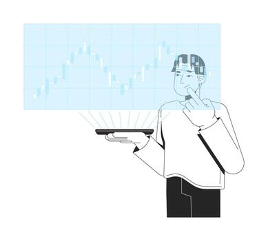 Analyzing holographic stock chart on smartphone line illustration concept. Financial trading. Market analyst watching candlestick graph outline 2D character isolated. Ink linear metaphor art vector