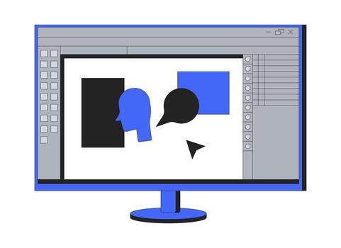 Graphic design software interface 2D cartoon object. Computer monitor screen with editing program. Creative process. Shape editor isolated element flat clip art on white. Spot illustration vector