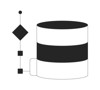 base de datos estructura con fluir diagrama 2d línea objeto. cilíndrico almacenamiento. conectado diagrama de flujo datos gestión. eso infraestructura aislado clipart tinta contorno artículo. monocromo Mancha ilustración vector