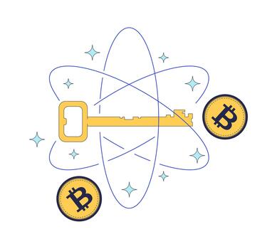 Bitcoin cryptography key 2D illustration concept. Encrypted cryptocurrency. Crypto coins digital protection. BTC encryption cartoon composition isolated on white. Flat abstract metaphor vector