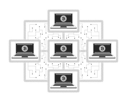 Bitcoin blockchain network of connected computers line illustration concept. Decentralized cryptocurrency. Digital transactions outline 2D composition isolated. Ink linear metaphor art vector
