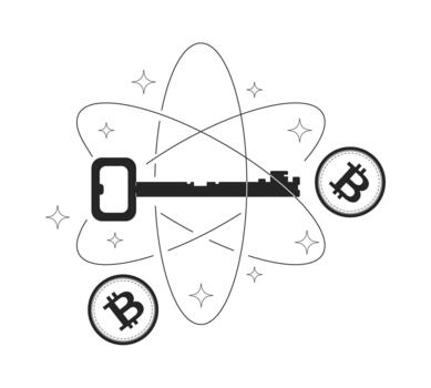 Bitcoin cryptography key line illustration concept. Encrypted cryptocurrency. Crypto coins digital protection. BTC encryption outline 2D composition isolated. Ink linear metaphor art vector