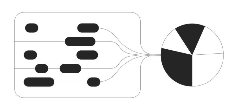 Data flow diagram to pie chart 2D line object. Aggregation to visualization. Sorting for analytics. Workflow and piechart isolated clipart ink outline item. Monochrome spot illustration vector