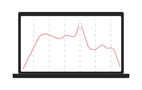tendencia línea gráfico en ordenador portátil pantalla 2d línea objeto. datos analítica. digital pronóstico negocio inteligencia. financiero métrica aislado clipart tinta contorno artículo. monocromo Mancha ilustración vector