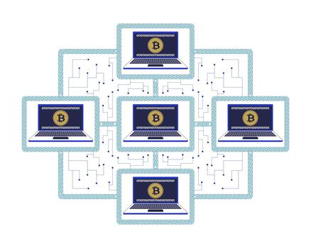 Bitcoin blockchain network of connected computers 2D illustration concept. Decentralized cryptocurrency. Digital transactions cartoon composition isolated on white. Flat abstract metaphor vector