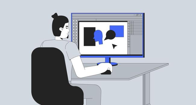 Graphic designer at workstation line illustration. Creative content creation. Digital artist working at computer with editing software 2D ink linear character monochrome. Flat outline image vector
