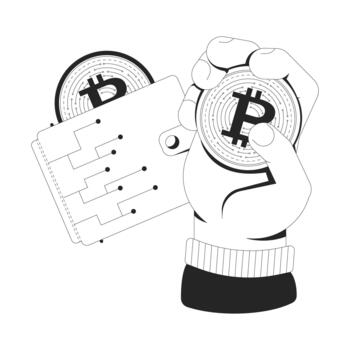 Crypto wallet line illustration concept. Cryptocurrency transaction. BTC digital currency storage. Hand holding bitcoin with e-wallet outline 2D composition isolated. Ink linear metaphor art vector