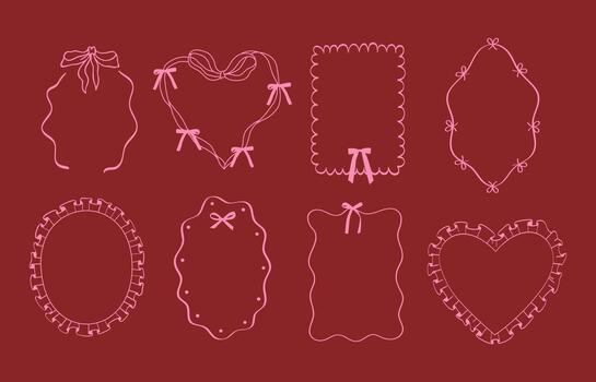 Coquette whimsical empty frame template design. Ribbon bow frames. Valentines day banner. vector
