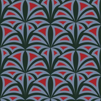 Fantasy geometric seamless pattern. Red and gray elements on dark green background. Fancy figures in medieval colors. Medieval design vector