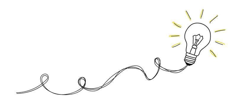 Hand drawn sketch of a glowing light bulb connected by a wire representing an idea vector