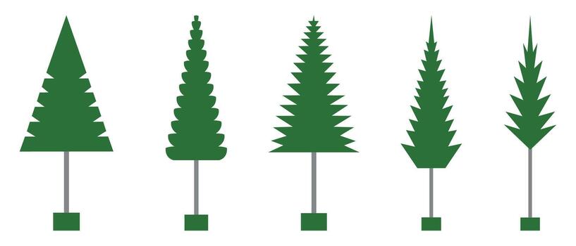 A collection of stylized green pine trees with square bases on a white background vector