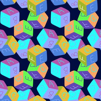educational seamless pattern with colorful alphabet blocks cubes on dark blue background surface design childish wallpaper textile print vector