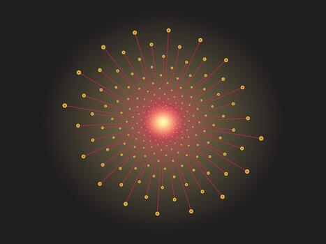 Abstract central glowing core, radiating lines and connection dots design vector