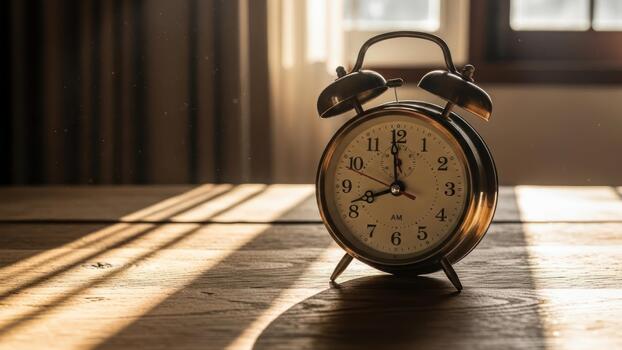 An alarm clock sits on a table in front of a window photo
