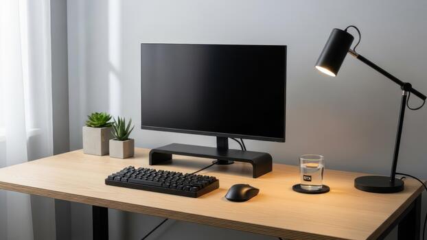 A desk with a computer monitor, keyboard and mouse photo