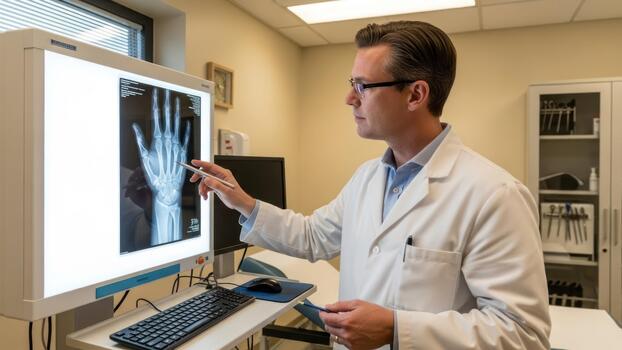 A man in a lab coat is pointing at a computer screen photo